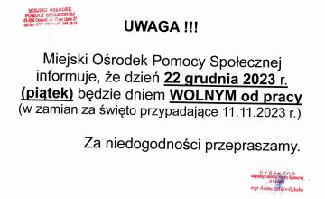 UWAGA!! Dzień WOLNY od pracy w Ośrodku!!